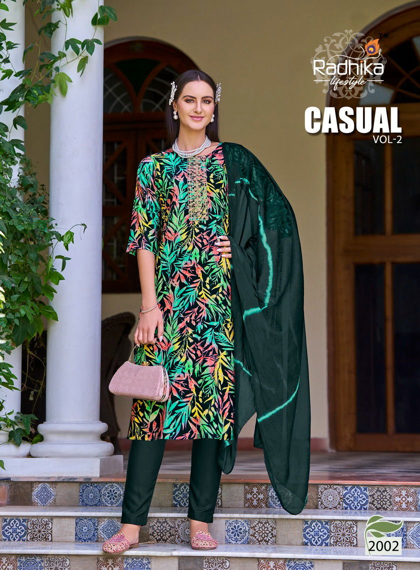 Casual Vol 2 By Radhika Rayon Printed Kurti With Bottom Dupatta Wholesale Shop In Surat